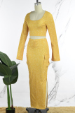 Yellow Casual Solid Slit U Neck Long Sleeve Two Pieces