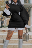 Grey Sexy Solid Hollowed Out Patchwork Shirt Collar Long Sleeve Plus Size Dresses