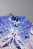 Blue Street Print Patchwork Zipper Half A Turtleneck Skinny Jumpsuits