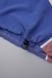 Dark Cyan Casual Patchwork Contrast Zipper Collar Long Sleeve Two Pieces