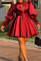 Red Sweet Solid Hollowed Out Patchwork Fold Half A Turtleneck A Line Dresses