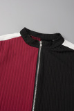 Red Black Casual Patchwork Contrast Zipper Collar Long Sleeve Two Pieces