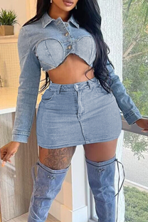 Light Blue Sexy Solid Patchwork Pocket Buckle Buttons Zipper Turndown Collar Long Sleeve Two Pieces