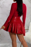 Red Sexy Solid Patchwork Zipper O Neck Long Sleeve Two Pieces