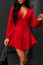 Red Casual Solid Fold V Neck Long Sleeve Dresses