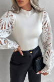 White Elegant Solid Lace Patchwork O Neck Tops