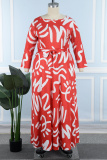 Red Casual Print Basic O Neck Long Dress Plus Size Dresses