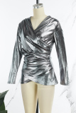 Silver Casual Solid Patchwork V Neck Tops
