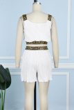 White Casual Daily Simplicity Patchwork Contrast Spaghetti Strap Sleeveless Two Pieces