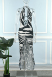 Black White Sexy Print Bandage Backless Halter Long Dress Dresses