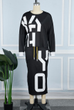 Black Casual Daily Simplicity Letter Slit Printing Contrast O Neck Long Sleeve Two Pieces