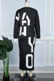 Black Casual Daily Simplicity Letter Slit Printing Contrast O Neck Long Sleeve Two Pieces