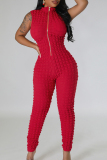 Rose Red Casual Solid Patchwork Zipper O Neck Skinny Jumpsuits