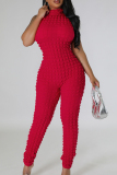 Red Casual Solid Patchwork Zipper O Neck Skinny Jumpsuits