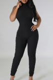 Black Casual Solid Patchwork Zipper O Neck Skinny Jumpsuits
