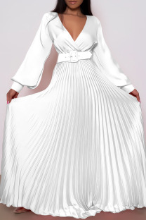 White Elegant Solid Patchwork With Belt Straight Dresses