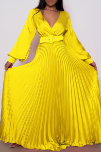 Yellow Elegant Solid Patchwork With Belt Straight Dresses