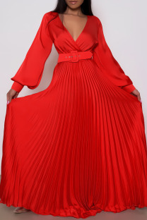 Red Elegant Solid Patchwork With Belt Straight Dresses