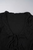 Black Casual Solid Frenulum V Neck Long Sleeve Two Pieces