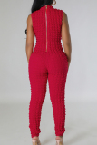 Red Casual Solid Patchwork Zipper O Neck Skinny Jumpsuits
