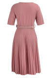 Purple Casual Solid Patchwork With Belt O Neck Pleated Plus Size Dresses