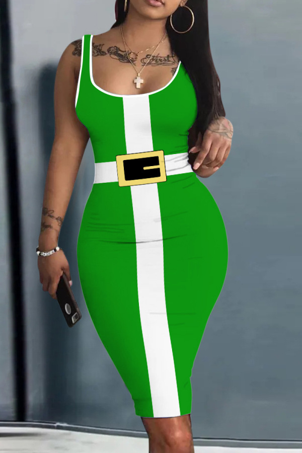 Green Casual Print Basic U Neck Vest Dress Dresses