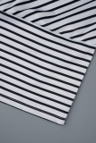 Blue Casual Striped Print Patchwork Oblique Collar Three Quarter Two Pieces