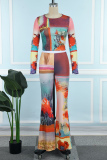 Colour Casual Print Basic O Neck Long Sleeve Two Pieces