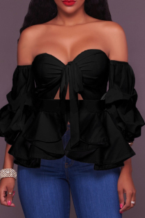 Black Sexy Solid Bandage Patchwork Flounce Zipper Strapless Tops