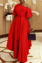 Red Elegant Solid Bandage Patchwork Oblique Collar A Line Dresses