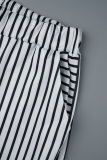 White Casual Striped Print Patchwork Oblique Collar Three Quarter Two Pieces
