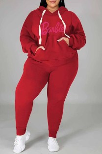 Red Casual Street Letter Hot Drill Hooded Collar Plus Size Two Pieces