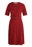 Pink Casual Solid Patchwork With Belt O Neck Pleated Plus Size Dresses
