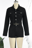 Black Casual Patchwork Hot Drill Turndown Collar Long Sleeve Two Pieces