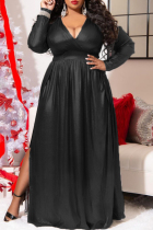 Black Casual Solid Patchwork Slit V Neck Long Sleeve Plus Size Dresses