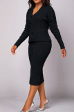 Black Sexy Solid Patchwork Buckle V Neck Long Sleeve Two Pieces