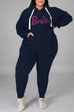 Burgundy Casual Street Letter Hot Drill Hooded Collar Plus Size Two Pieces