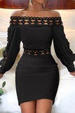 Black Casual Solid Hollowed Out Off the Shoulder Long Sleeve Dresses