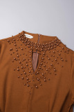 Brown Elegant Solid Hollowed Out Patchwork Beading O Neck A Line Dresses