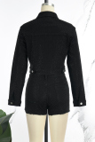 Black Casual Patchwork Hot Drill Turndown Collar Long Sleeve Two Pieces