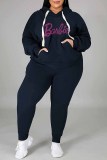 Burgundy Casual Street Letter Hot Drill Hooded Collar Plus Size Two Pieces