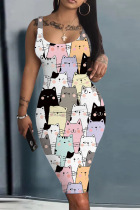 White Pink Casual Print Basic U Neck Vest Dress Dresses