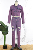 Light Purple College Solid Ripped Pocket Buckle Buttons Zipper Turndown Collar Long Sleeve Two Pieces