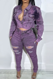 Light Purple College Solid Ripped Pocket Buckle Buttons Zipper Turndown Collar Long Sleeve Two Pieces