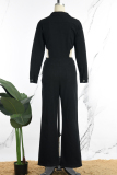 Black Street Solid Hollowed Out Patchwork Pocket Buckle Turndown Collar Loose Jumpsuits