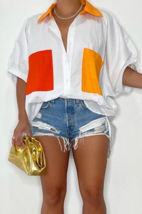 Orange Casual Color Block Patchwork Pocket Buckle Shirt Collar Tops