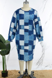 Blue Casual Color Block Patchwork O Neck Printed Dress Plus Size Dresses