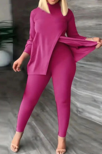 Rose Red Casual Solid Patchwork Slit Half A Turtleneck Plus Size Two Pieces