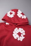 Red Street Print Patchwork Hooded Collar Long Sleeve Two Pieces