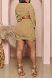 Khaki Casual Solid Hollowed Out O Neck Long Sleeve Plus Size Dresses